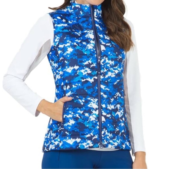 🌻 IBKUL Women's Athleisure Polartec Power Fill Blue Camo Print Quilted Vest sz S - Picture 1 of 15
